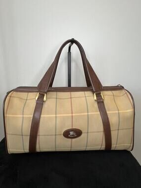 Authentic Burberry House Check Boston Duffel Travel Bag Brown Leather Vintage